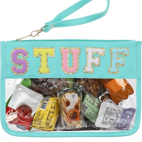 Turquoise Transparent Stuff Makeup Bag with Colorful 'STUFF' Letters - Picture 2 of 5